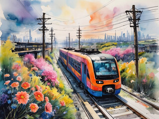 Watercolor Train on the Railway - Rail Transport on Flower Landscape Poster