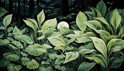 Fototapeta premium lush, green forest scene with various plants and leaves in the foreground.