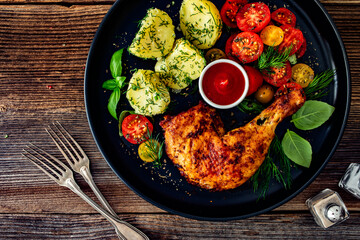 Oven roasted chicken leg with boiled potatoes, fresh tomato salad and ketchup on wooden table	
