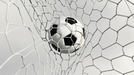 Black and white photo of soccer ball hitting a net.
