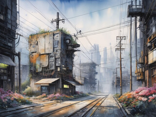 Dystopian Future Suburban Landscape Rural Area with Flowers Watercolor Concept Art