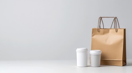 A brown paper shopping bag with two white containers placed beside it on a clean white surface, minimalistic composition, and studio setting.