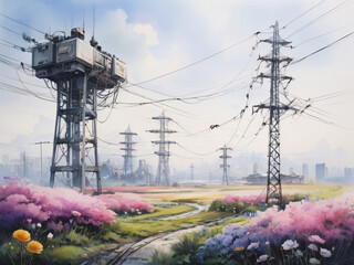 Dystopian Future Suburban Landscape Rural Area with Flowers Watercolor Concept Art