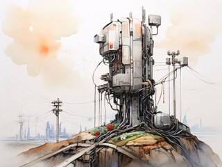Dystopian Future Suburban Landscape Rural Area with Flowers Watercolor Concept Art