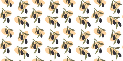 Minimalist seamless pattern with olives and olive branches. Ideal for organic, Mediterranean, and nature-inspired designs. Perfect for textiles, packaging, and culinary-themed projects.