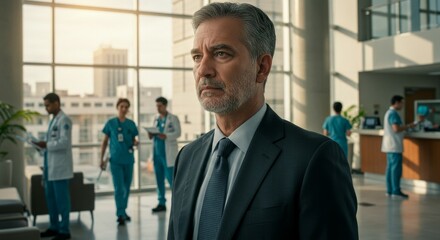 Thoughtful Hospital Executive Amidst Busy Medical Staff