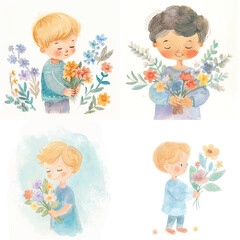 Cute Kid Holding Flower Watercolor Clipart Bundle