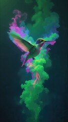 Obraz premium Ethereal Hummingbird Dancing Through Vibrant Swirling Smoke Against Dark Teal Background