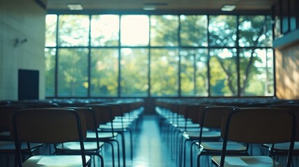 Empty chairs, lecture hall, sunlit trees, presentation