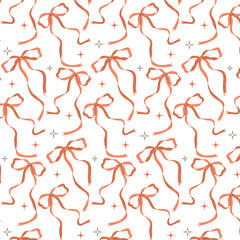 Seamless pattern with hand drawn red bows and sparkles. Cute and elegant design for wrapping paper, textiles, stationery, and holiday decorations.

