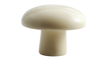 A solitary, smooth, off-white mushroom with a classic cap and stem structure is isolated against a pure white background, emphasizing its simple yet elegant fungal form and texture