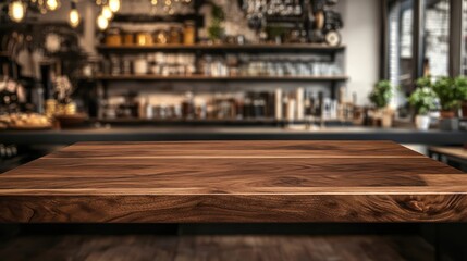 Wooden table, cafe backdrop, product display