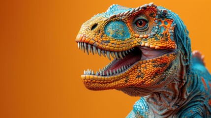 Obraz premium Detailed Colorful Dinosaur Head Illustration with Open Mouth on Orange Background