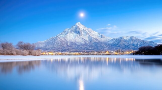 Frozen lake reflecting a snowy mountain peak at dawn with a full moon - Powered by Adobe