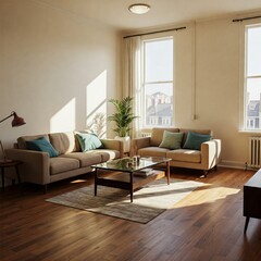 Cozy, sunlit apartment living room with beige sofas, teal pillows, and a glass coffee table on a rug. Features wooden floors and city views from windows. Simple, comfortable urban living