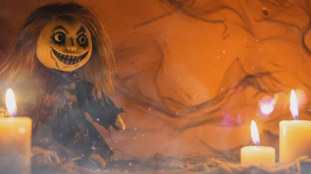 Scary pumpkin with candle flame for Halloween decorations background 