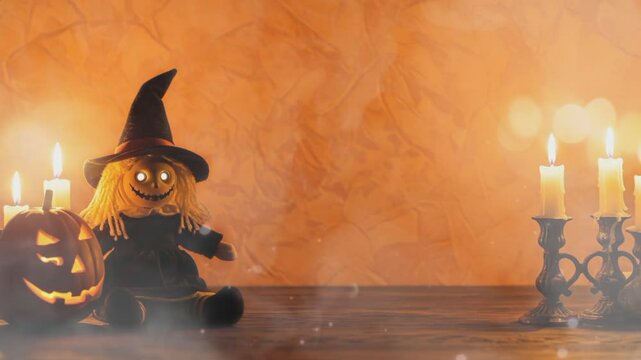 Halloween celebrating background with scary pumpkin and candles flame 