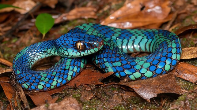 Close-up of Colorful Mangrove Pit Viper Resting on Fallen Leaves
