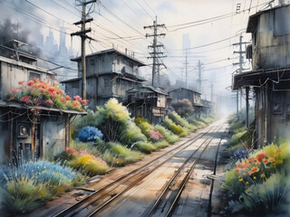 Dystopian Future Suburban Landscape Rural Area with Flowers Watercolor Concept Art