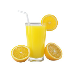 Isolated fruit drink. Glass of fresh juice and orange slices isolated on png transparent background