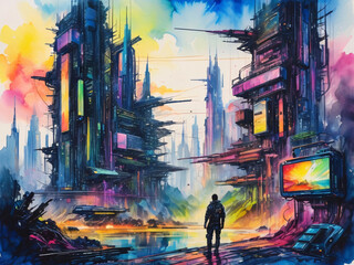 Utopian Paradise of the Future City - Cyberpunk Neon Retrowave Colors Cityscape