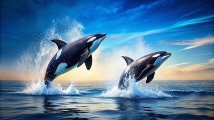 Fototapeta premium Orca Whales Synchronized Breach Panoramic Ocean Wildlife Photography