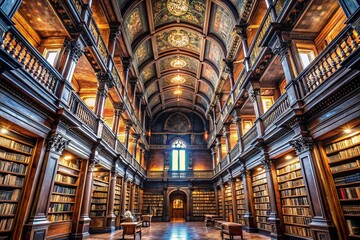 Obraz premium Opulent Historical Library: Aged Wooden Bookshelves, High Ornate Ceiling, Dusty Atmosphere
