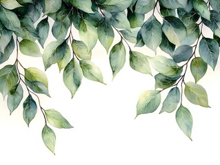Fototapeta premium Faded Watercolor Willow Leaves Cascading Over a White Background