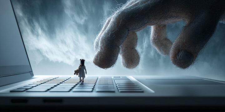 Miniature girl with teddy bear on laptop keyboard, immense hairy hand looming overhead, symbolizing online child safety threats or vulnerability in digital world
