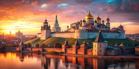 Fototapeta premium Nizhny Novgorod Kremlin Sunset: Volga River & Cityscape Documentary Photography