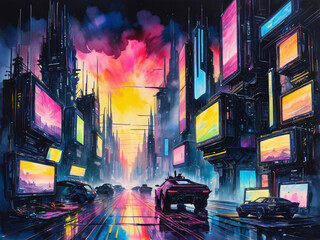 Utopian Paradise of the Future City - Cyberpunk Neon Retrowave Colors Cityscape