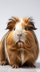Naklejka premium Long haired peruvian guinea pig lying down and looking to the right on a white background, Cavia porcellus