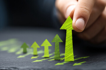 Close-up of hand placing lime-green arrow on dark surface, among similar smaller arrows, symbolizing growth, progress, and achievement in business
