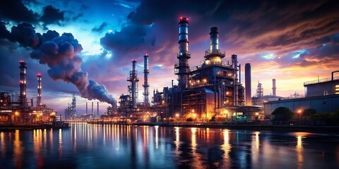 Fototapeta premium Nighttime Petrochemical Plant Reflection on River - Industrial Landscape Stock Photo
