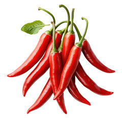 Fresh red chili peppers with green stems and leaves on transparent background, healthy spicy hot peppers for cooking, fresh vegetable produce, vibrant red color.
