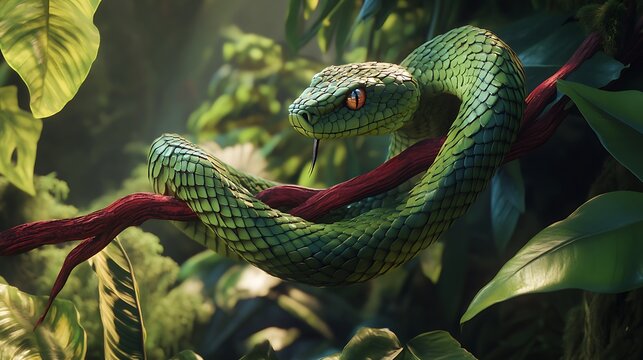 Green Snake Coiled on Branch Sticking Tongue Out in Jungle - Powered by Adobe