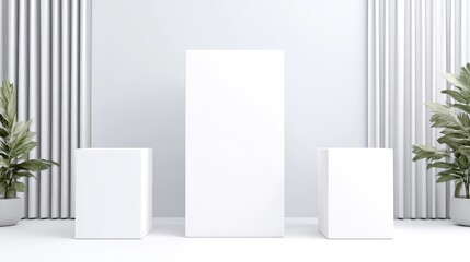 Empty white pedestals against a backdrop of white curtains