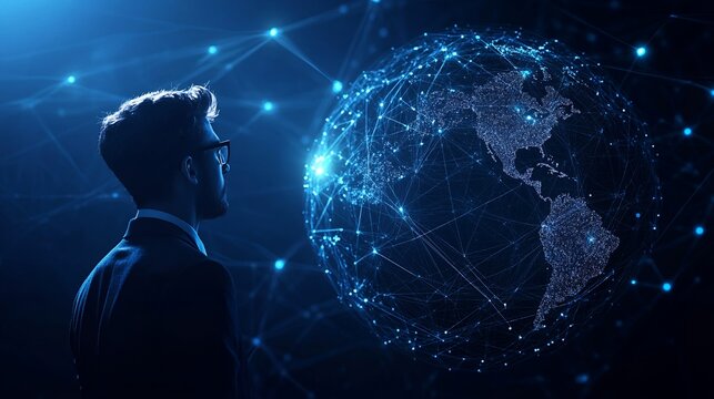 Man Viewing Global Network of Connected Data Points with Futuristic Technology