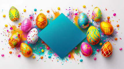 This vibrant vector illustration features a symmetrical arrangement of multicolored Easter eggs surrounding a deep teal geometric center. Each egg is uniquely decorated with intricate patterns