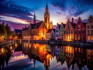 Fototapeta premium Night Photography: Oud Sint Janshospitaal & Church of Our Lady, Bruges, Belgium