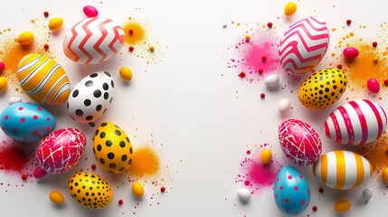 Colorful vector Easter eggs in a row with abstract patterns and geometric splash background