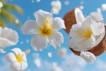 Tropical Coconut and Hibiscus Flowers on Blue Sky Background