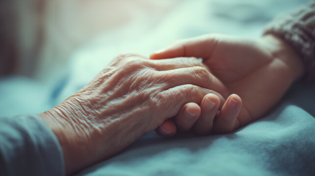 Young hand holding old hand on bed, helping caring for elderly, end of life support, aging people assistance
