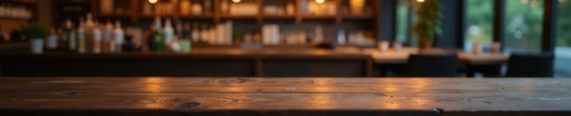 Dark wood table, blurred restaurant bokeh background Product display mockup , still life, bokeh