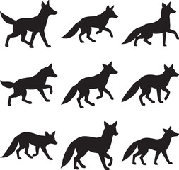 Nine Fox Silhouettes Walking Wild Animal Vector Graphics