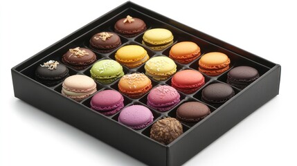 Colorful macarons gift box, studio shot, white background