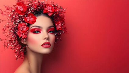 Obraz premium A striking portrait of a woman with a vibrant floral headpiece, exuding beauty and confidence against a bold red background. Perfect for fashion themes.