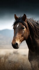Obraz premium Brown horse stands majestically against a dramatic landscape with a moody sky and blurred mountains in the background