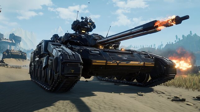 A massive mech tank with railgun turrets rolling through a futuristic battlefield