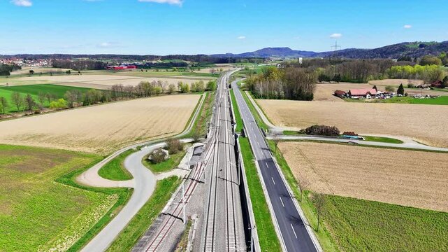 Deutschlandsberg, Austria - April 6, 2025: Weststeiermark train station at the Koralmbahn railroad track between Graz and Klagenfurt